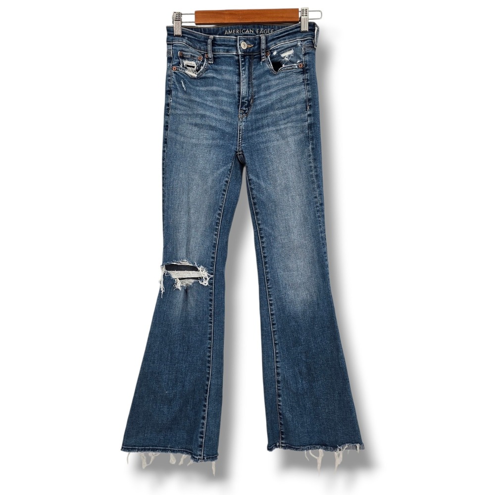 American Eagle Super Hi-Rise Flare Jeans Distressed Raw‎ Hem Blue Womens 0 Short